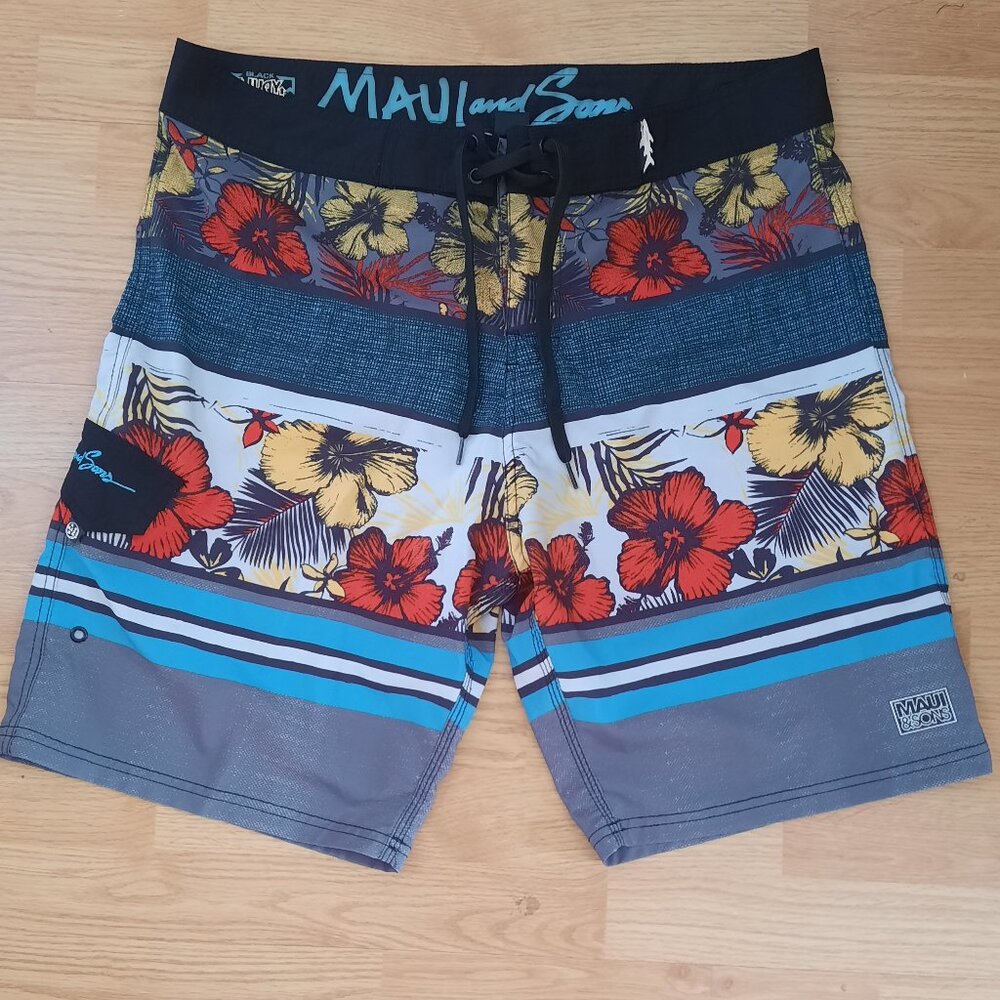 MAUI & SONS Boardshorts Men's Size 36 Aloha Hibiscus Palm Hawaiian Swim Trunks